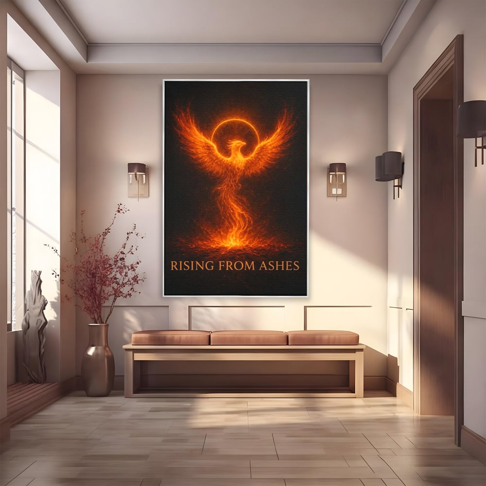 Tablou canvas cu ilustratie digitala cu pasarea phoenix din flacari, in rama de aluminiu argintiu